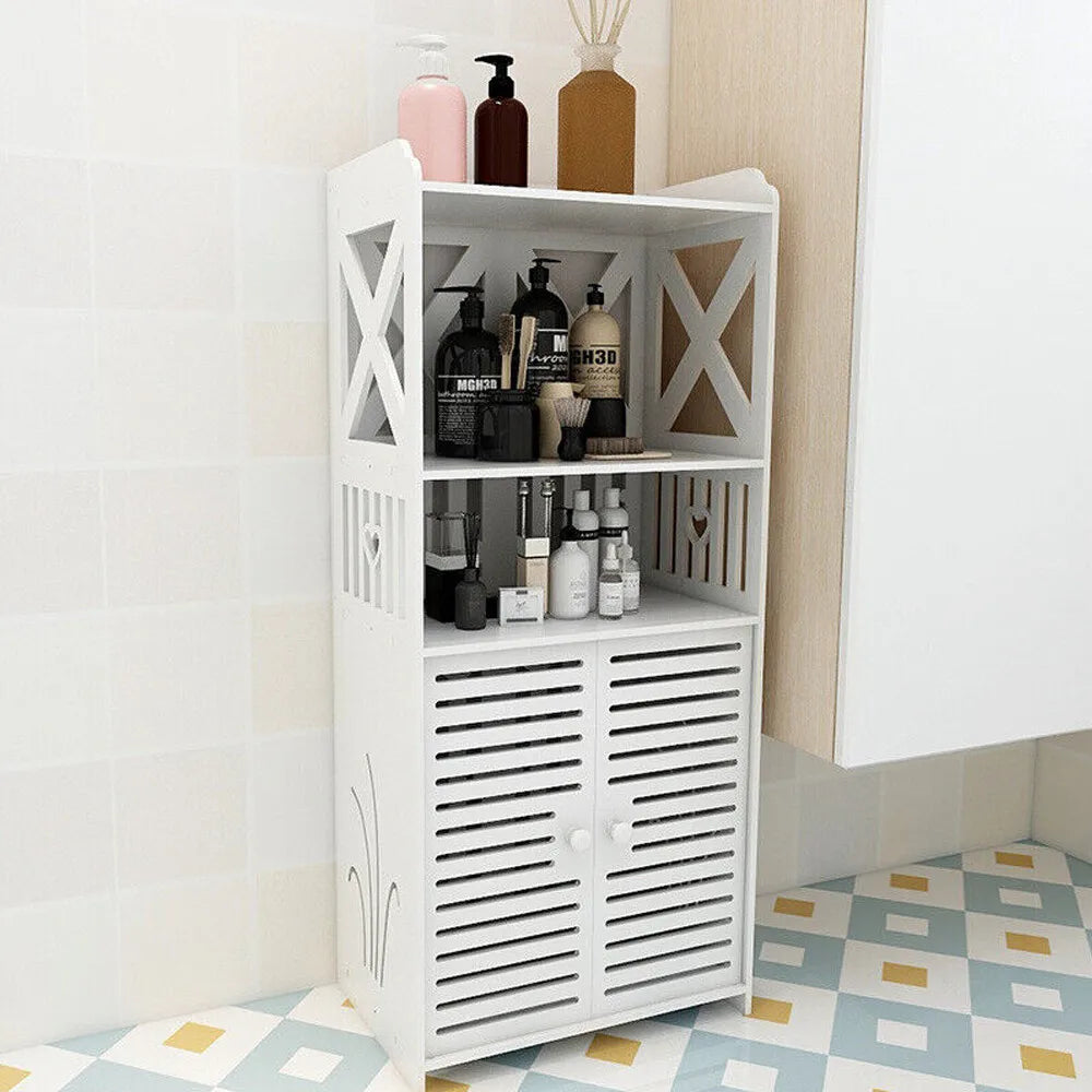 White Wooden Bathroom Storage Cabinet 90cm Wide Free Standing Unit NONE