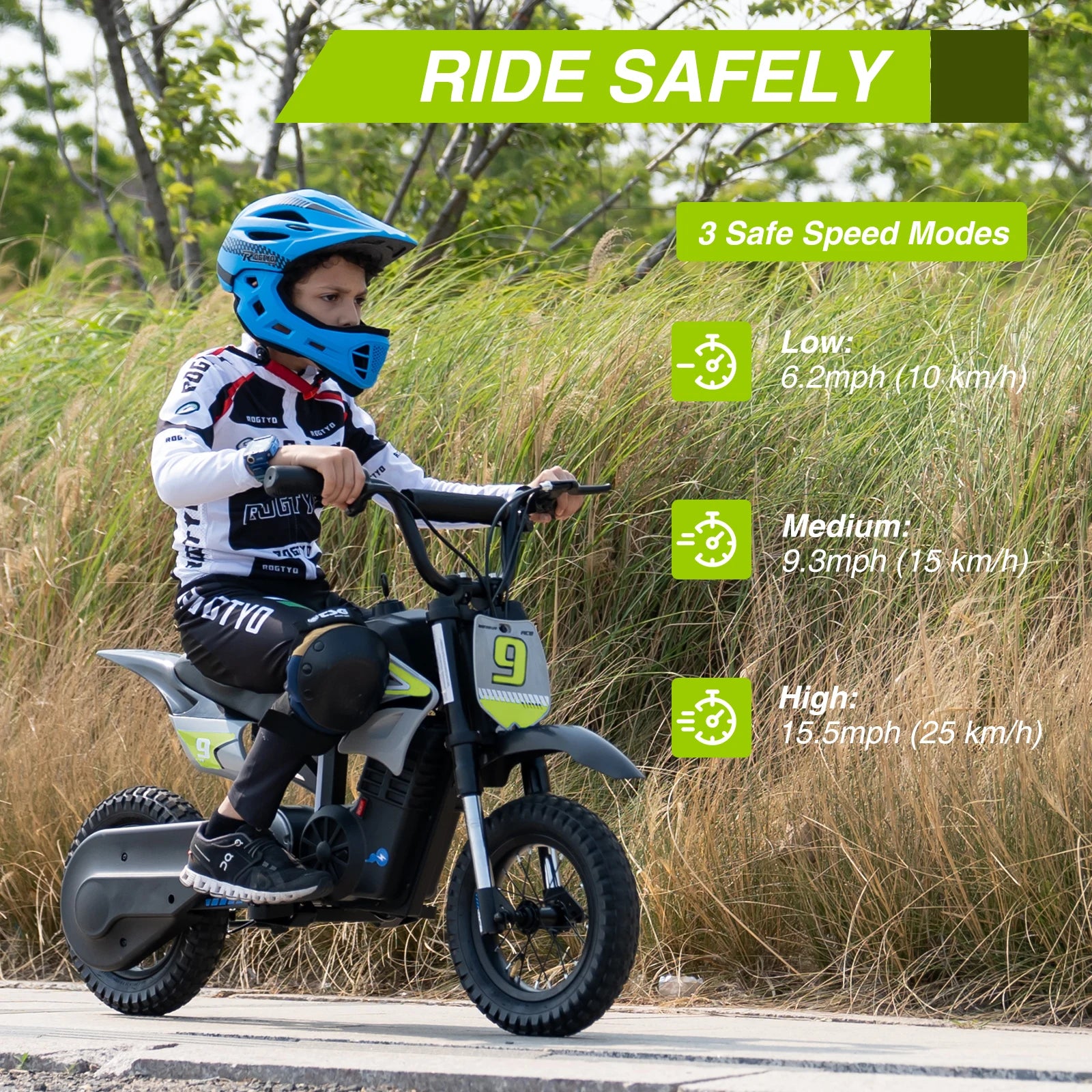RCB R9X PRO Kids Electric Motorcycle 36V 350W 25kmh 3 Speed Modes 250w Off Road
