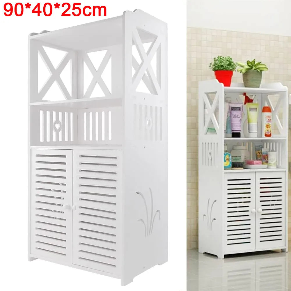 White Wooden Bathroom Storage Cabinet 90cm Wide Free Standing Unit NONE