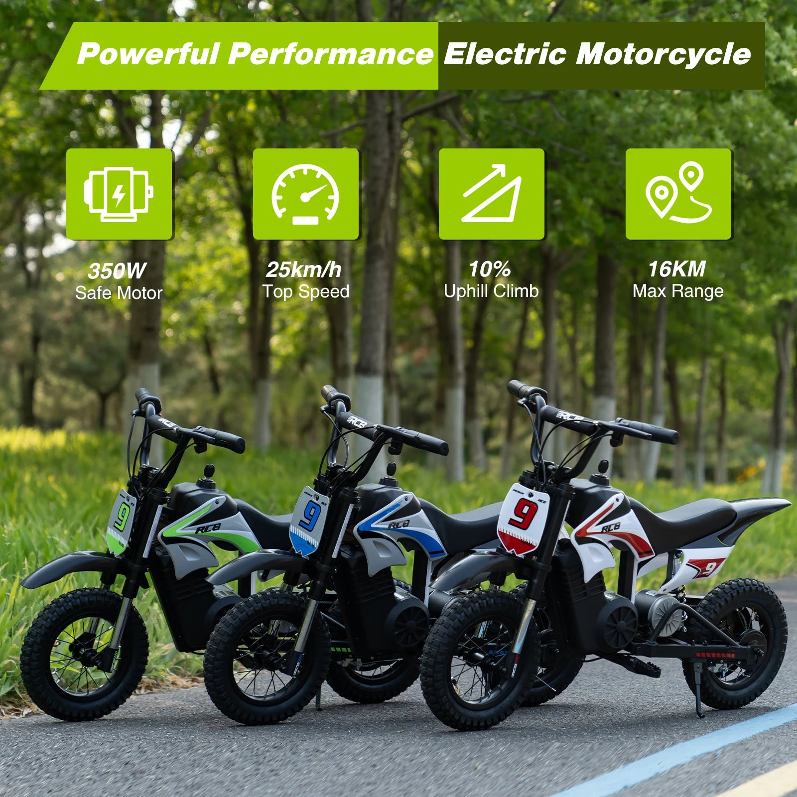RCB R9X PRO Kids Electric Motorcycle 36V 350W 25kmh 3 Speed Modes 250w Off Road