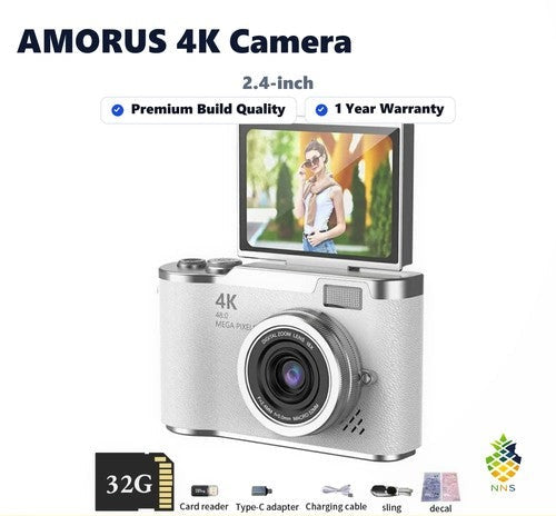 AMORUS 4K Digital Camera 48MP HD CCD Student Camera Anti Shake 180 Flip - Gift