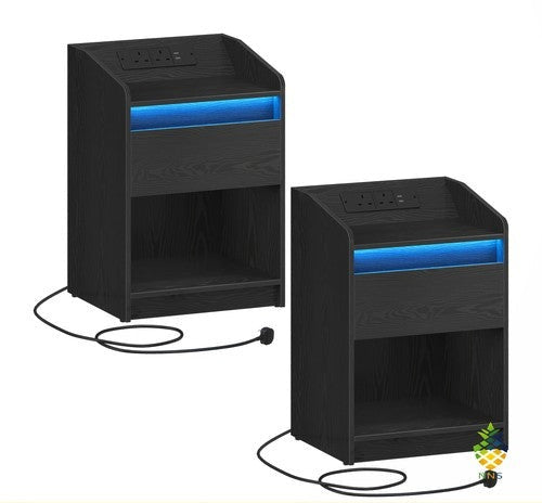 Bedside Table LED Charging Drawer 2 USB 2 Sockets Set of 2 Black or White UK