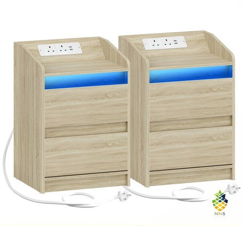 Bedside Table with LED Lights Charging Station 2 Drawers USB Ports Sockets UK