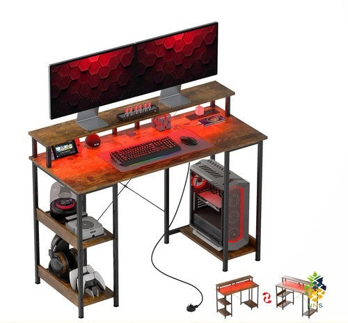 Computer Desk Power Outlets LED Lights 120x50cm Storage Monitor Stand Rustic UK