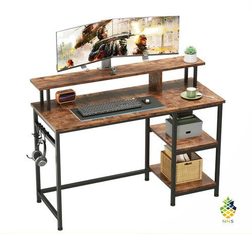 Computer Desk with Monitor Stand & Storage Shelves Rustic Brown Home Office UK
