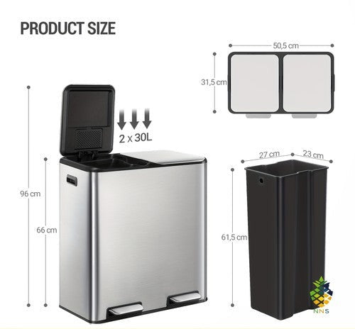 Kitchen Recycling Bin 2x30L 60L Pedal Soft Close Stainless Steel 15 Bags UK