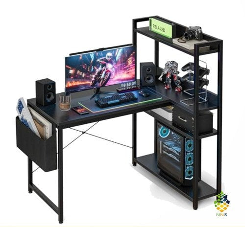 L-Shaped Gaming Desk 100x80cm Corner Computer Desk Storage Shelves Hutch Black U