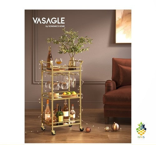 Mini Bar Cart Gold 3-Tier Drinks Trolley Wine & Glass Holders Small Spaces UK
