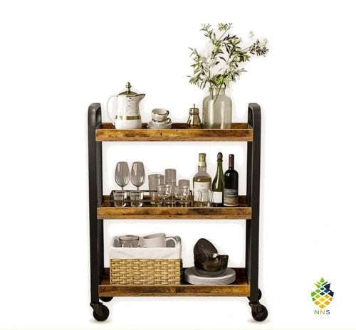 Narrow Rolling Kitchen Serving Cart Wood Metal Industrial Trolley Wheels UK