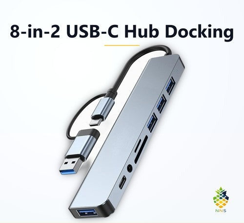NNS 8-in-2 USB-C Hub Docking Station 4K Audio SD Multi-Port Type-C Adapter PC UK
