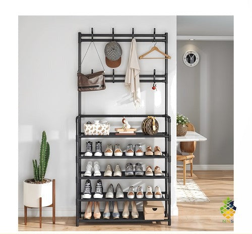 Shoe & Hat Storage Rack 8 Hooks 5-Tier Coat Garment Stand Black 60x25x167cm UK