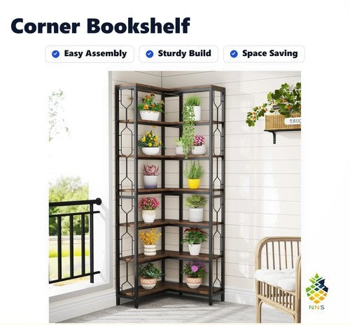 Tribesigns Modern Sleek 7-Tier Industrial Corner Bookshelf Wood Metal Retro UK